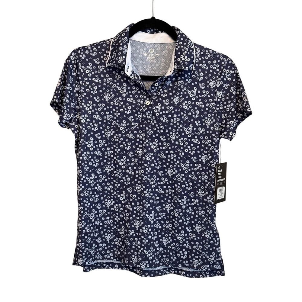 Etonic Golf Polo Shirt Small White Blue Floral Athletic Performance Sporty NEW